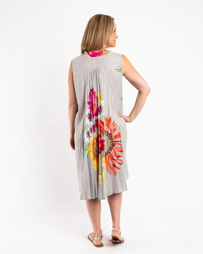 A-line Sleeveless Dress in Grey Floral
