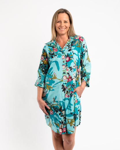 Collared Summer Dress in Turquoise Japanese Garden