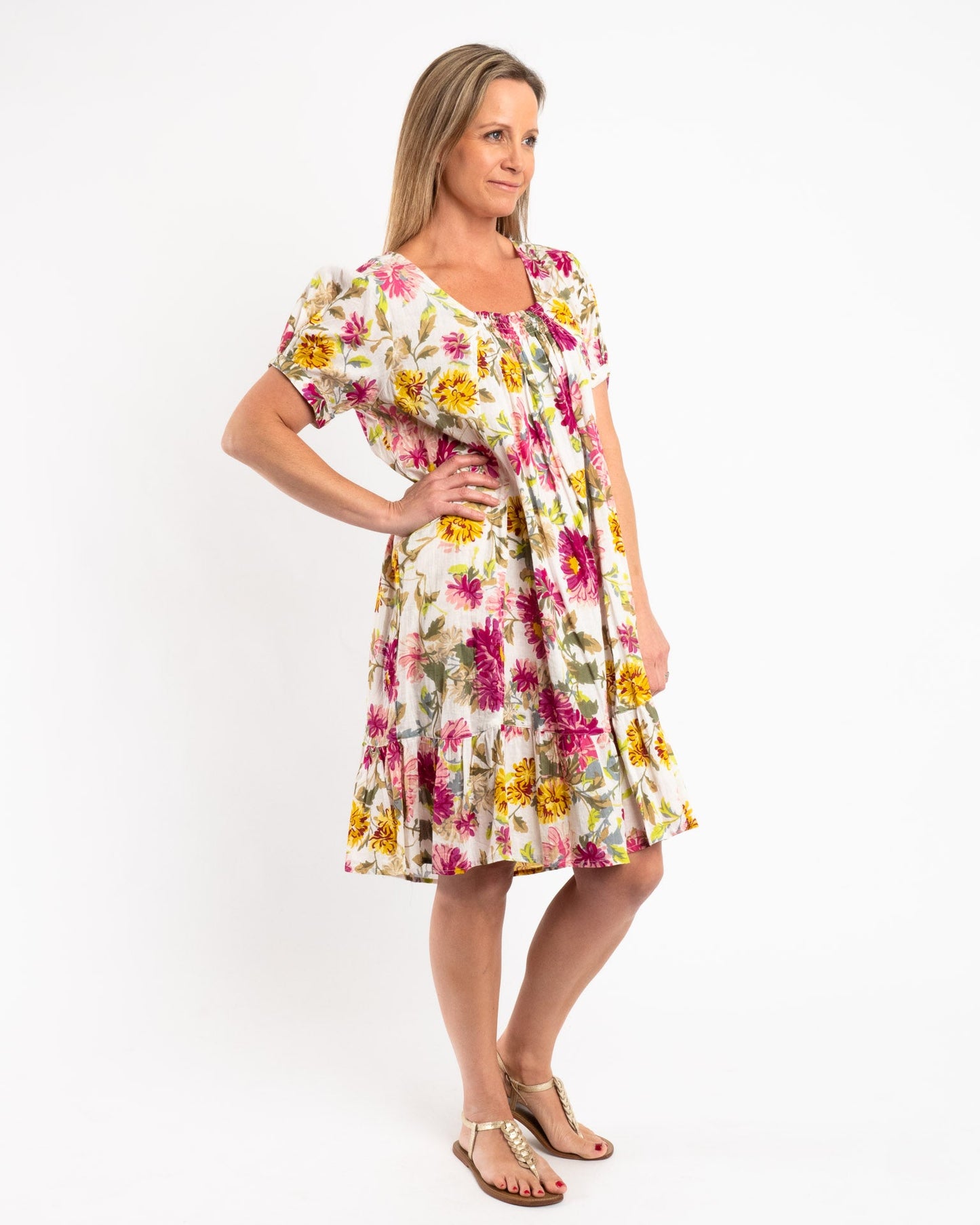 Cap Sleeve Summer Dress in Fuchsia Lime Garden