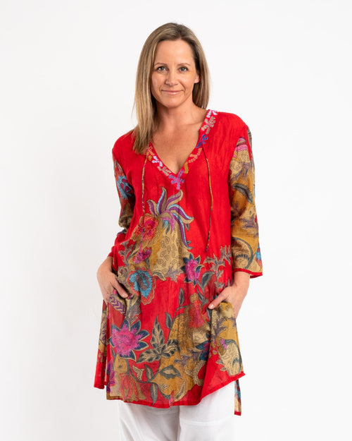 Embroidered Knee-length Kurta in Red Floral