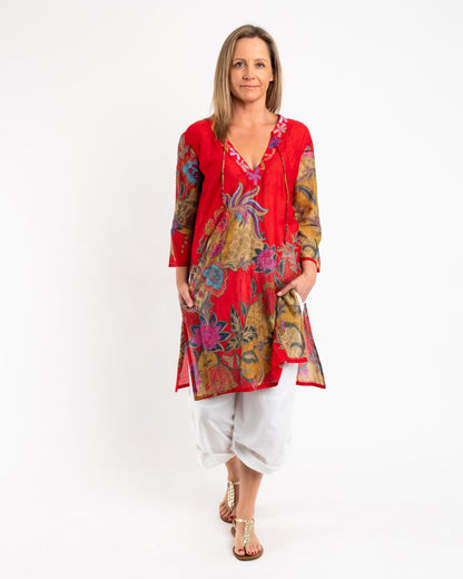 Embroidered Knee-length Kurta in Red Floral