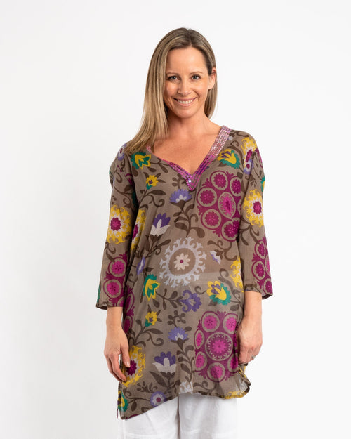 Sequined Floral Top in Olive Grey Background