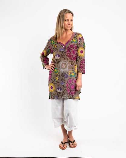 Sequined Floral Top in Olive Grey Background