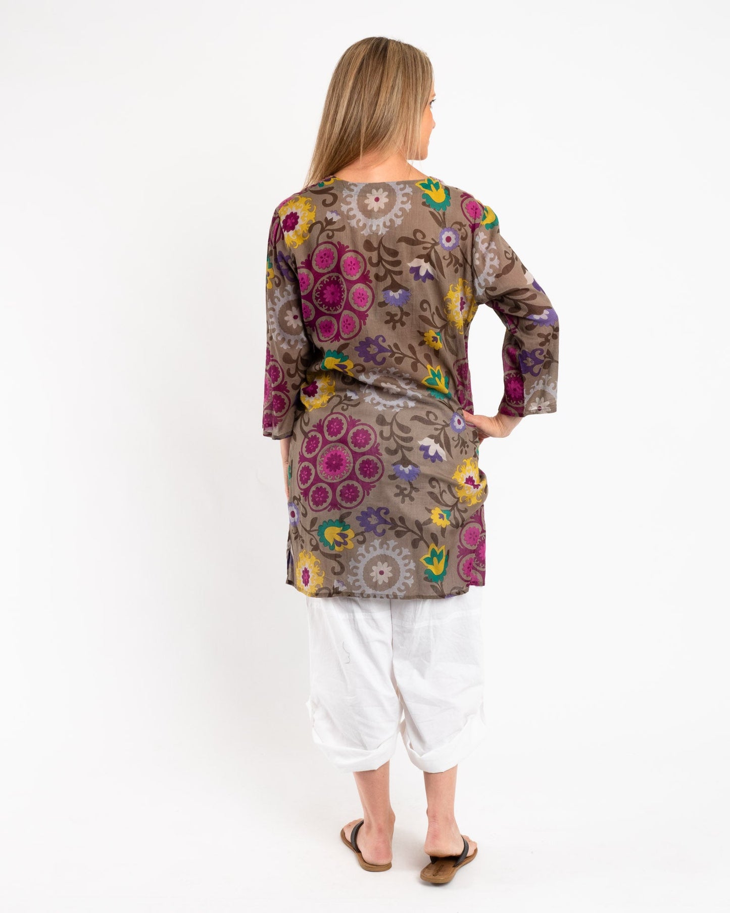 Sequined Floral Top in Olive Grey Background