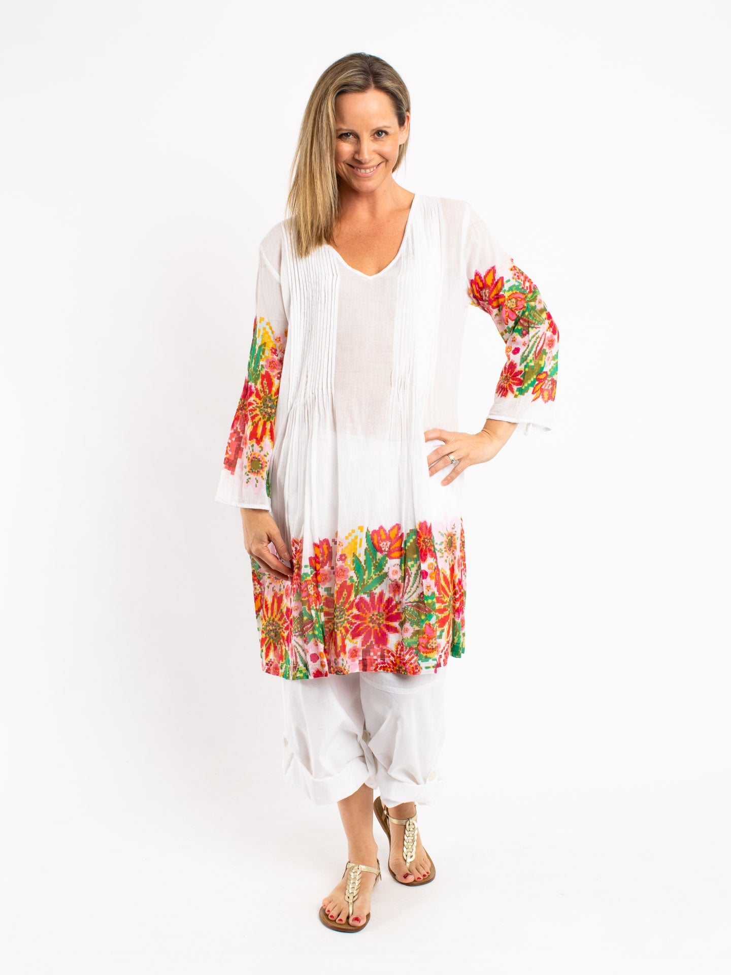 Pleated Dress Length Kurta in Pixelated Floral
