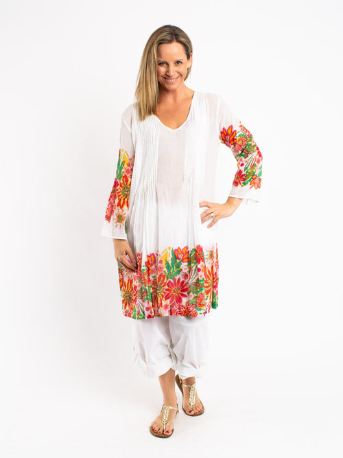 Pleated Dress Length Kurta in Pixelated Floral