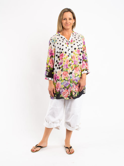 Collared Long Shirt in Polka dot Floral
