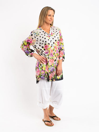 Collared Long Shirt in Polka dot Floral