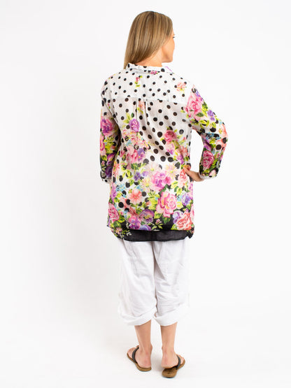 Collared Long Shirt in Polka dot Floral