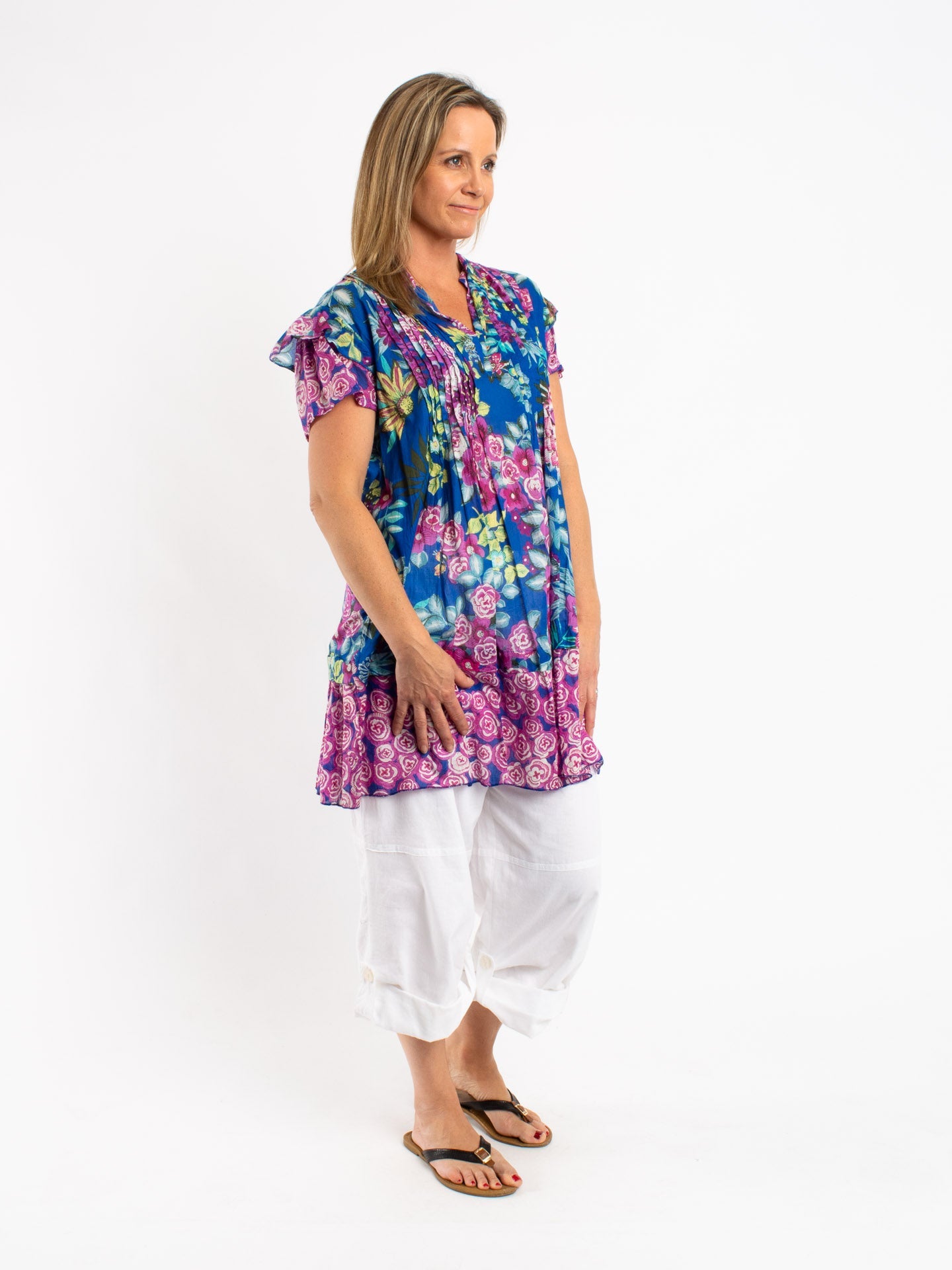 V-Neck Tunic Top in Blue Floral