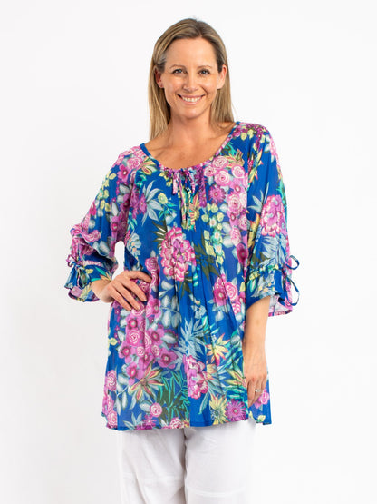 Pleated Round Neck Top in Blue Floral