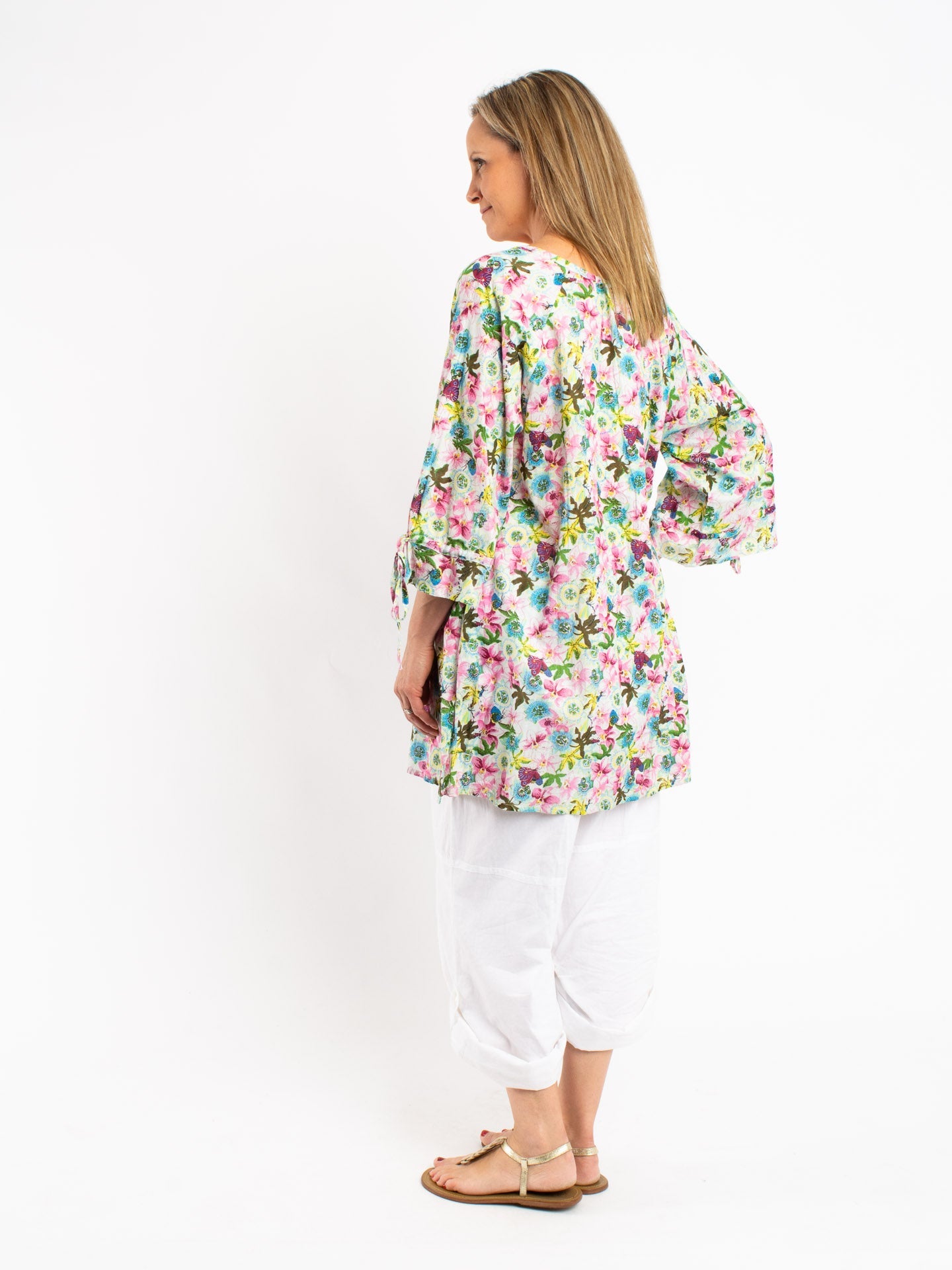 Pleated Round Neck Tie Top in Green Pink Garden