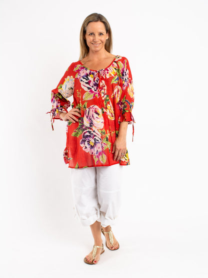 Pleated Round Neck Tie Top with ties in Red Floral
