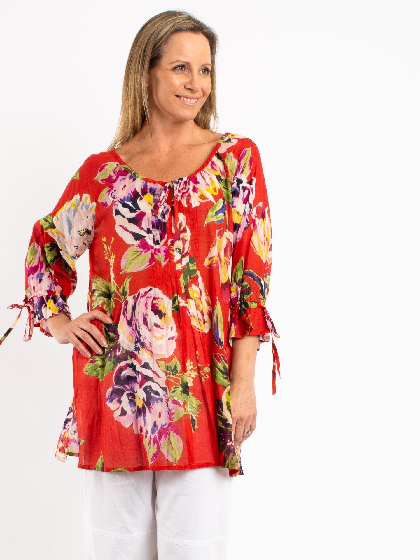 Pleated Round Neck Tie Top with ties in Red Floral