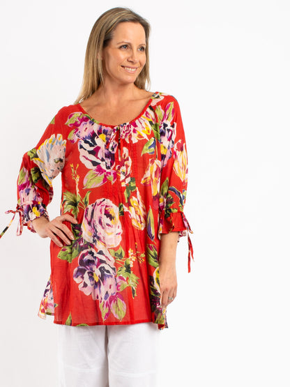 Pleated Round Neck Tie Top with ties in Red Floral