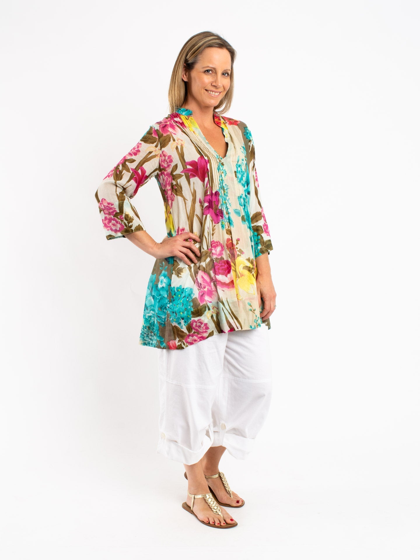 Pleated Long Top in Turquoise and Ecru