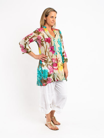 Pleated Long Top in Turquoise and Ecru