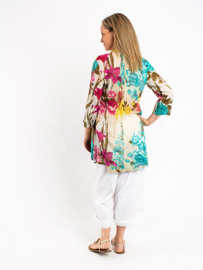 Pleated Long Top in Turquoise and Ecru