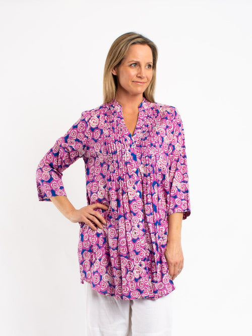 Long Pleated Shirt in Pink and Blue Floral