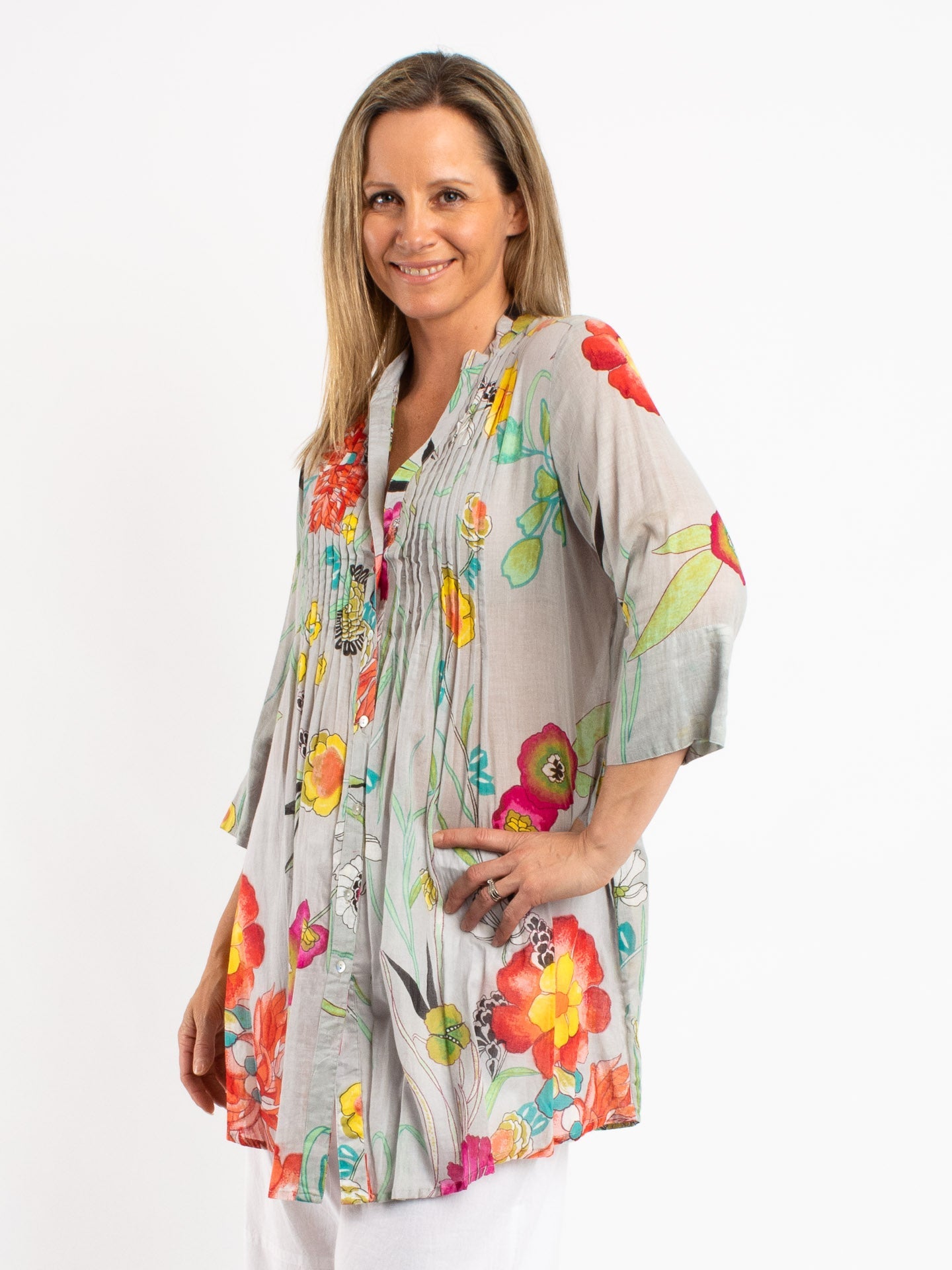 Long Pleated Shirt in Grey Floral