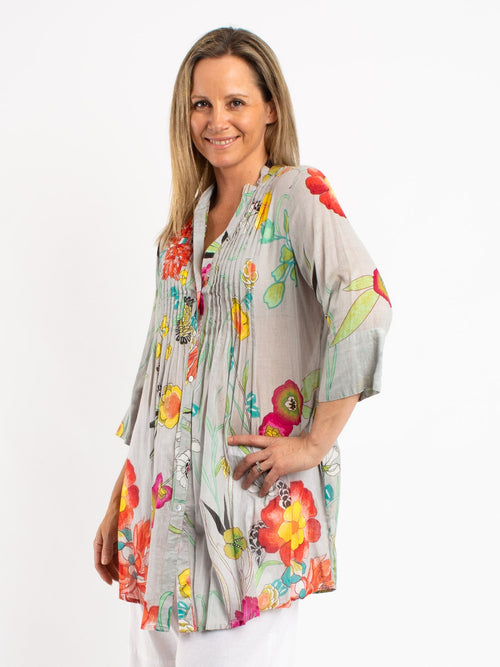 Long Pleated Shirt in Grey Floral