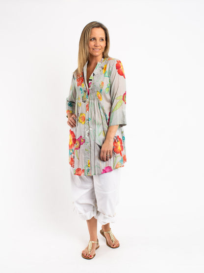 Long Pleated Shirt in Grey Floral