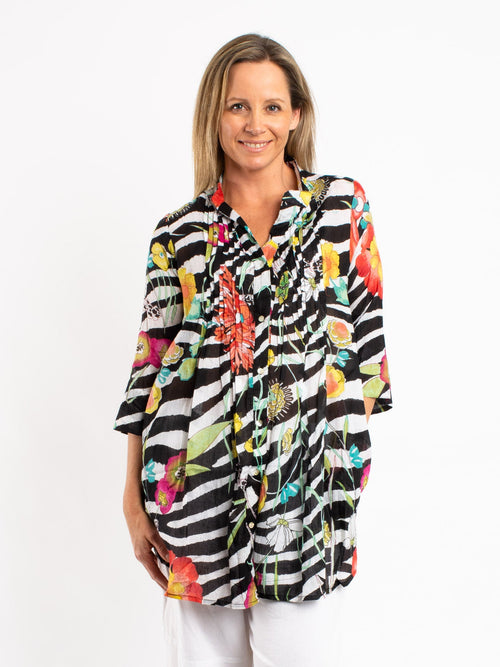 Long Pleated Shirt in Zebra Floral