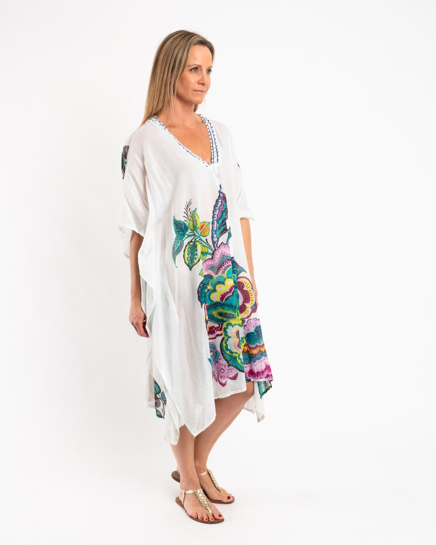 Beaded Flowing Kaftan in White Floral