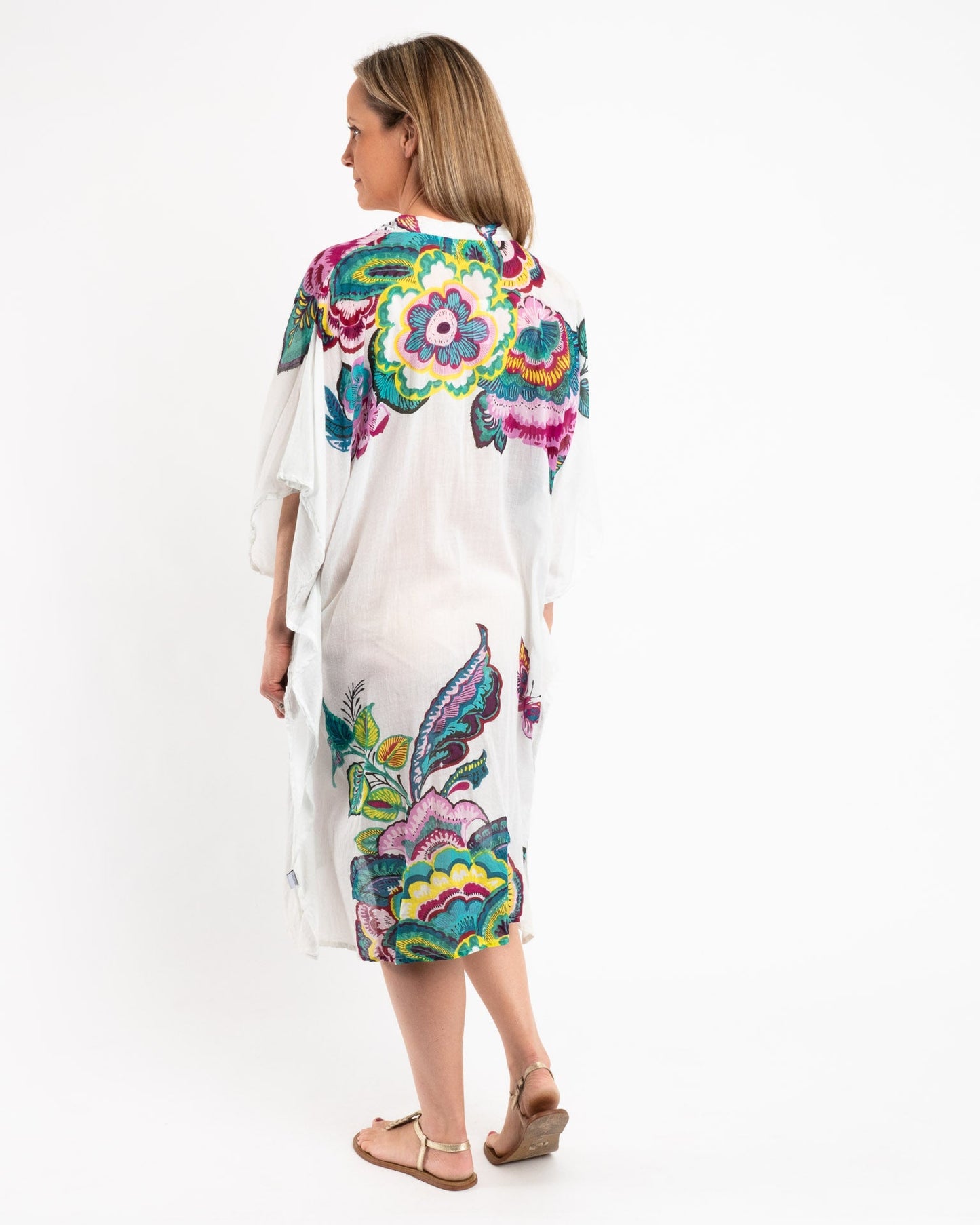 Beaded Flowing Kaftan in White Floral