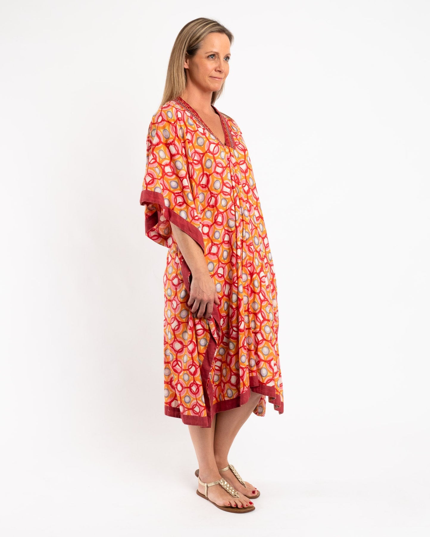 Soft Pure Cotton Kaftan in Red and Orange Circles
