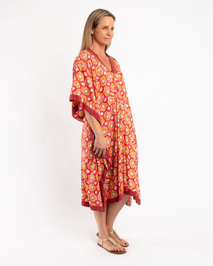 Soft Pure Cotton Kaftan in Red and Orange Circles
