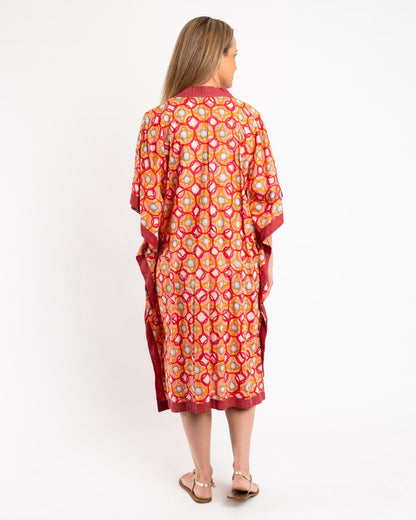Soft Pure Cotton Kaftan in Red and Orange Circles