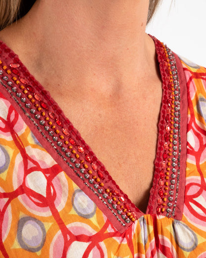 Soft Pure Cotton Kaftan in Red and Orange Circles