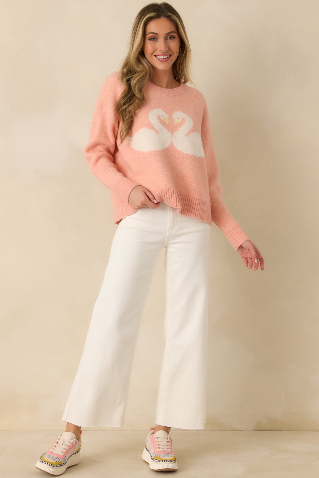 Love Birds Coral Orange Knit Swan Sweater