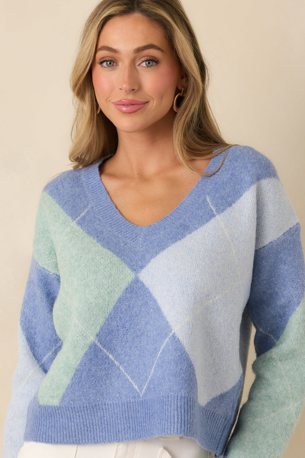 Just My Style Blue Multi Knit Argyle V-Neck Sweater