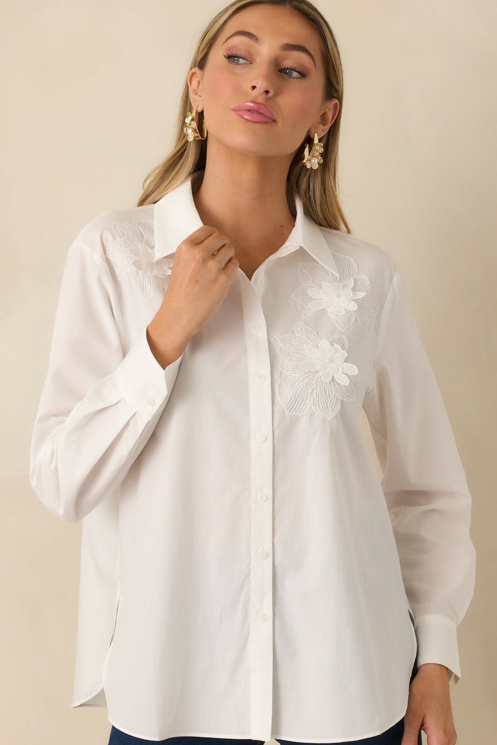 Little Details Matter White Floral Appliqué Button-Up Blouse