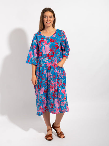 Maleny Dress in Blue Red Floral