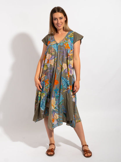 Maheno Dress in Khaki Birds