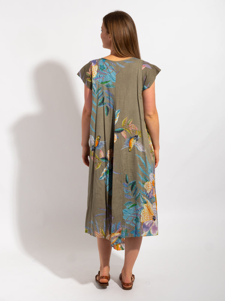 Maheno Dress in Khaki Birds