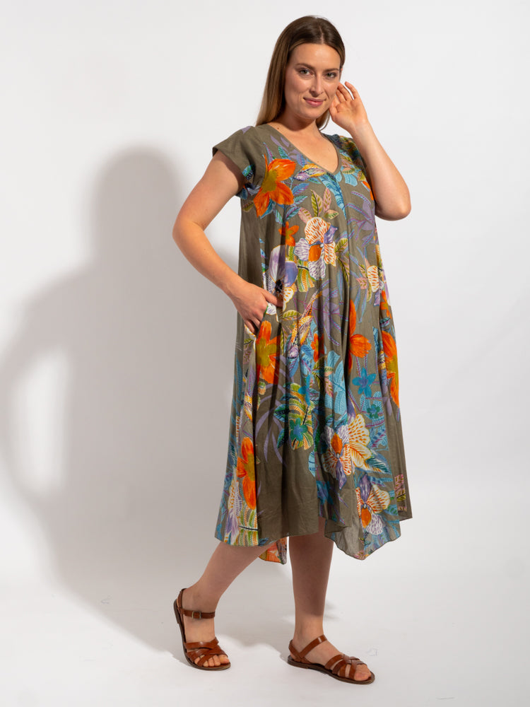 Maheno Dress in Khaki Birds