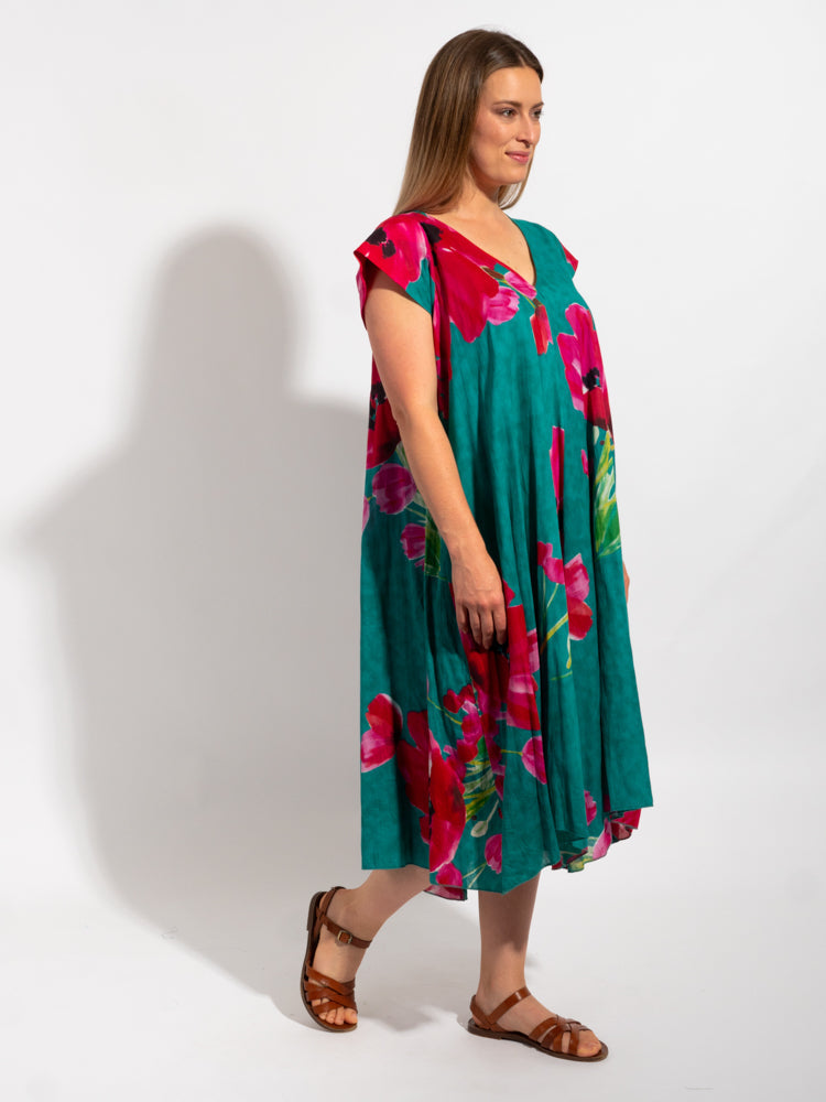 Maheno Dress in Teal Poppies