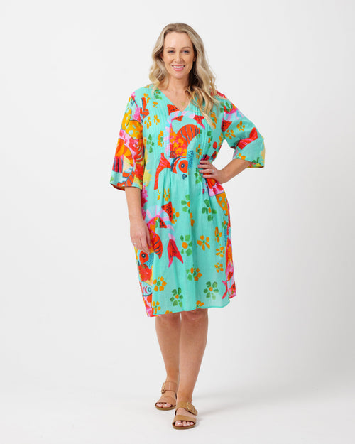 Heron Dress in Teal Fish