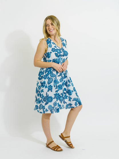 Coolum Dress in Blue on White Floral