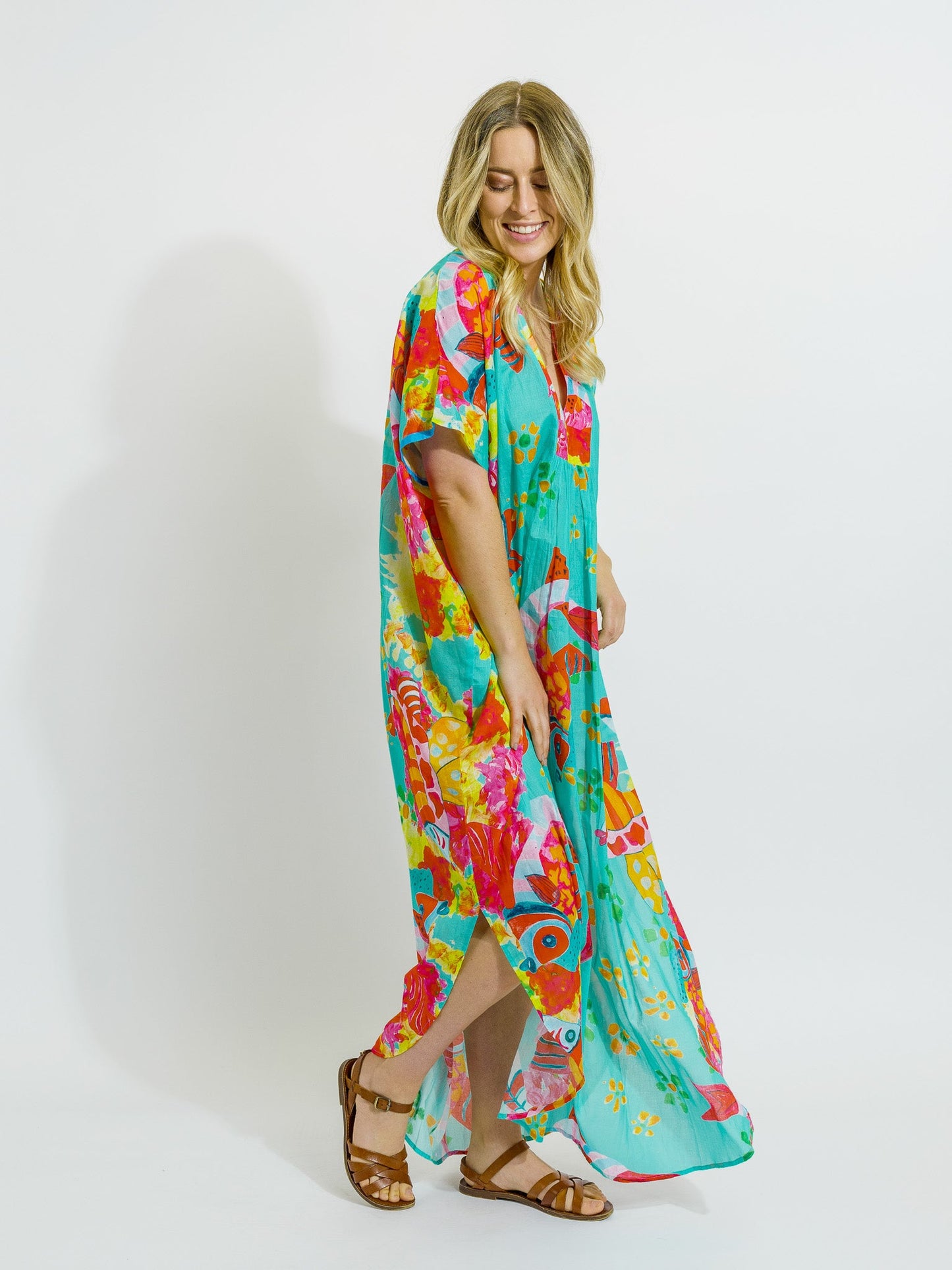 Tiwi Kaftan in Teal Fish