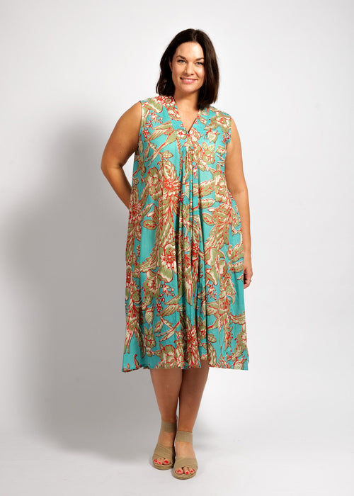 Claudia Dress in Turquoise Red Garden
