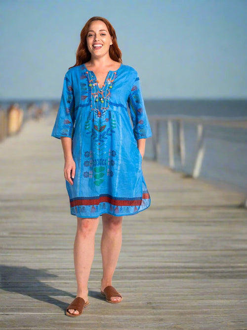 Bangalow Boho Dress in Blue Aztec