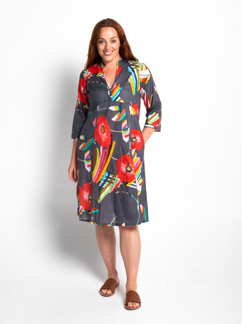 Mareeba Dress 3/4 Sleeve in Mid Grey Poppies