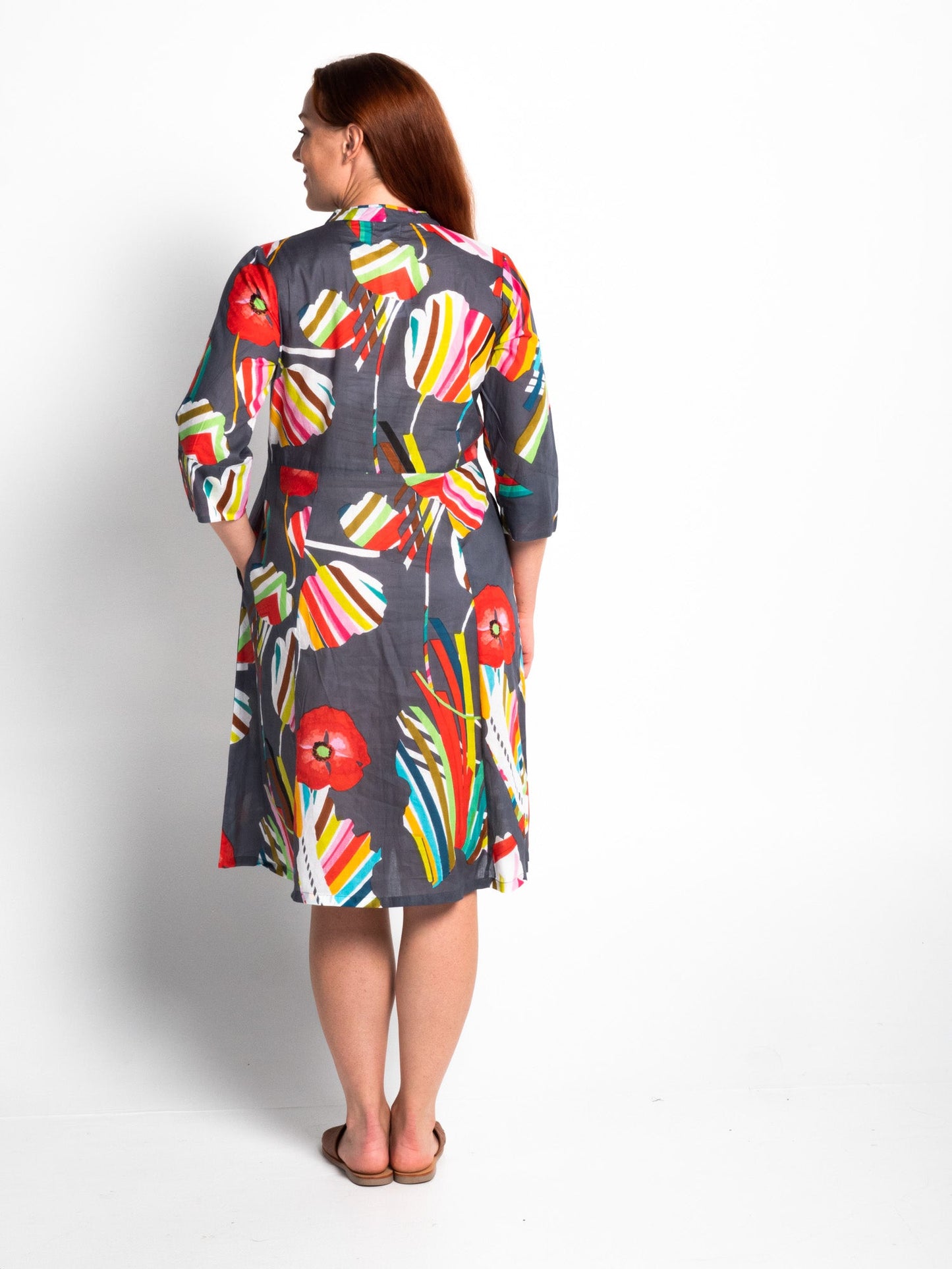 Mareeba Dress 3/4 Sleeve in Mid Grey Poppies