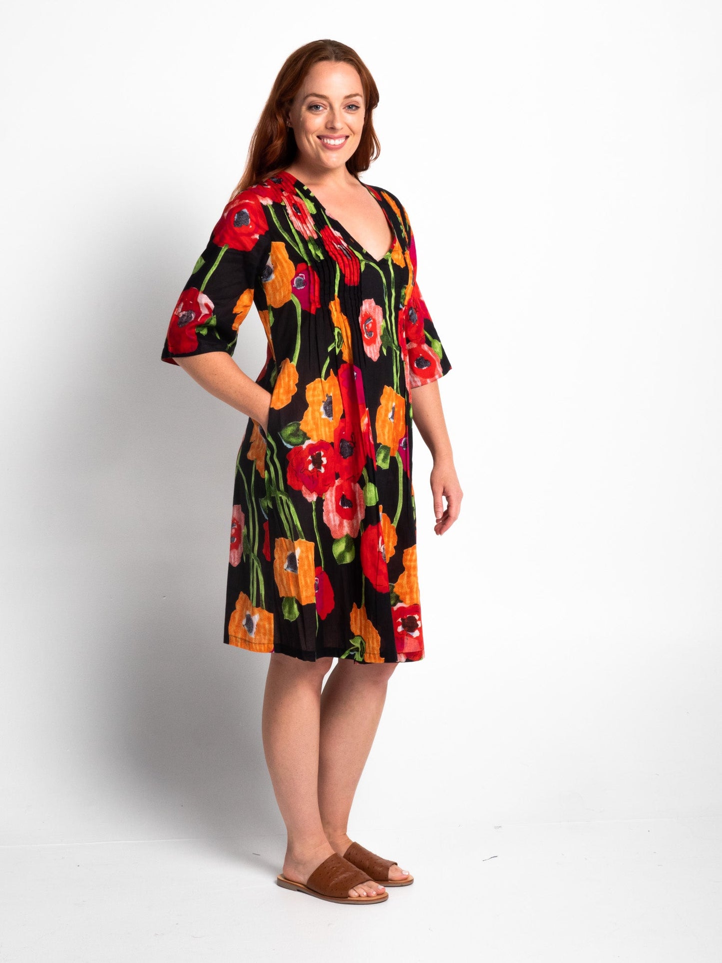 Heron Dress in Black Poppies