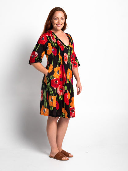 Heron Dress in Black Poppies